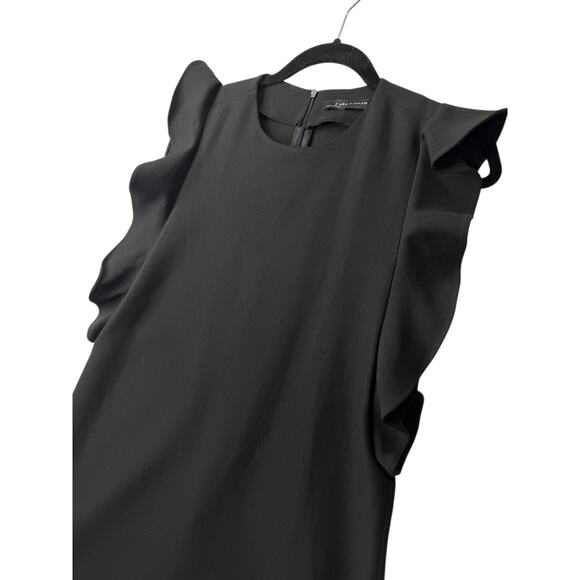 ZARA WOMAN Black Flutter Sleeve Shift Dress M Mini Minimalist Modern Chic - Picture 7 of 11